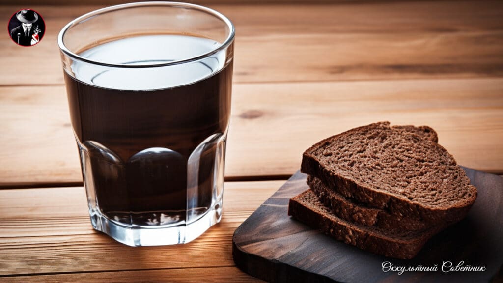 two slices of black rye bread and glass of water