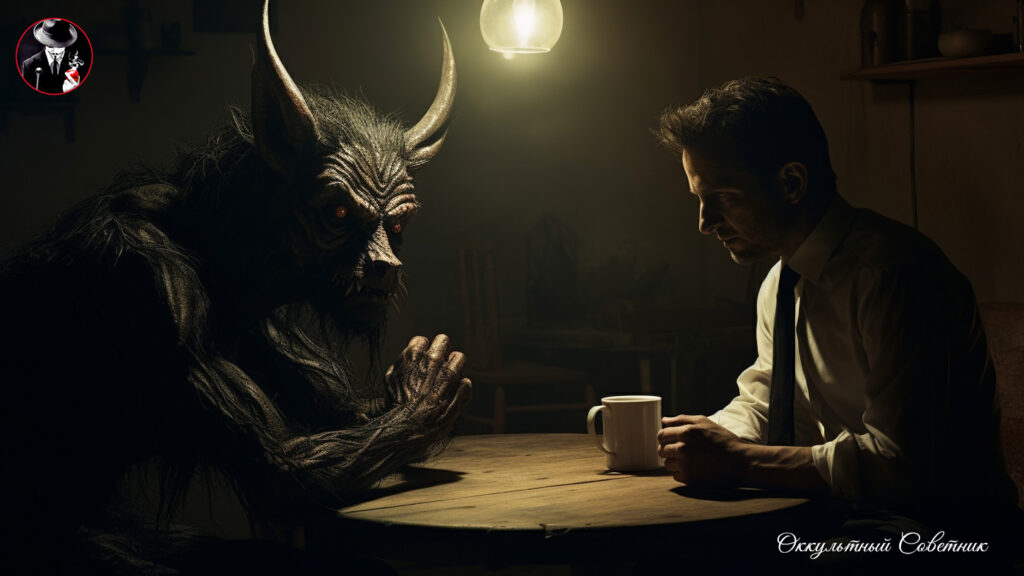 a devil and a man seat around the kitchen table
