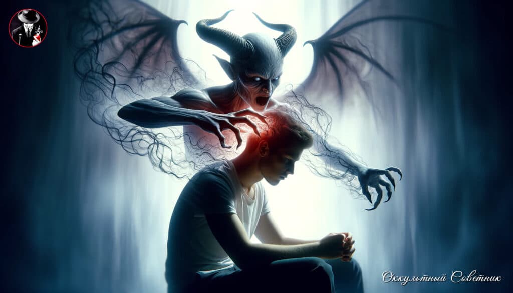 dall·e 2024 02 17 00.42.12 a demon infiltrating a persons aura portrayed as a malevolent entity seated behind the person manipulating their consciousness